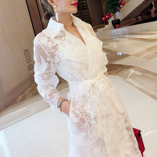 KM19612#韩版名媛风衣女白色蕾丝薄款中长款小香风外套两件套