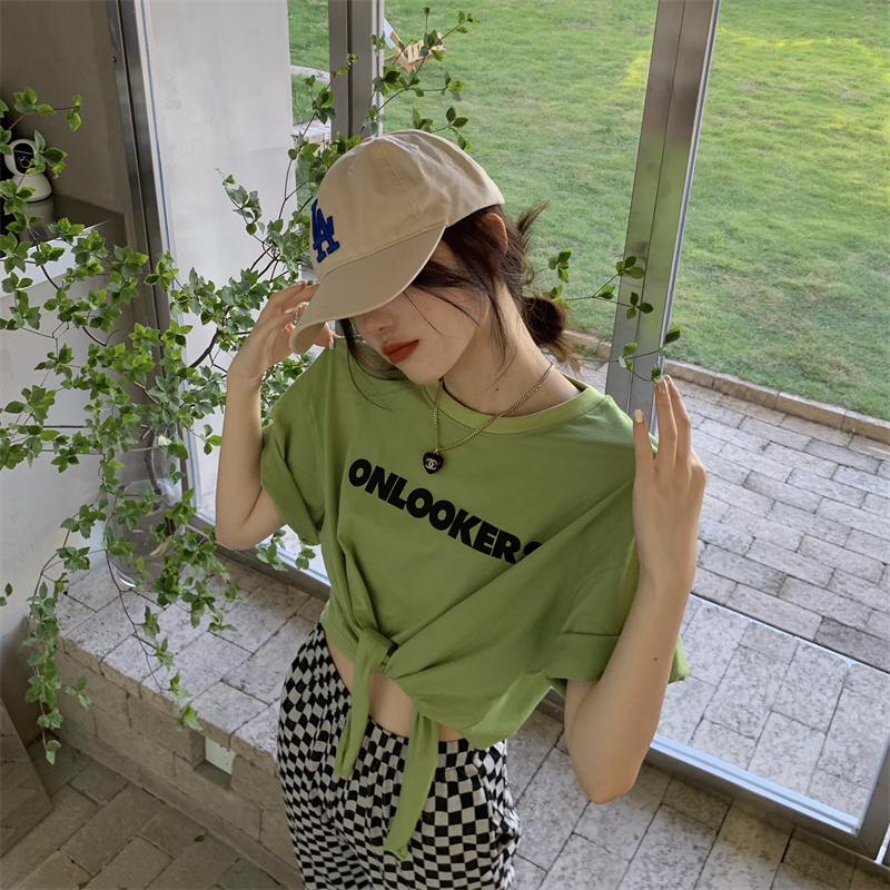 Real price ~4 color / sweet cool letter print bandage navel exposed short T-shirt