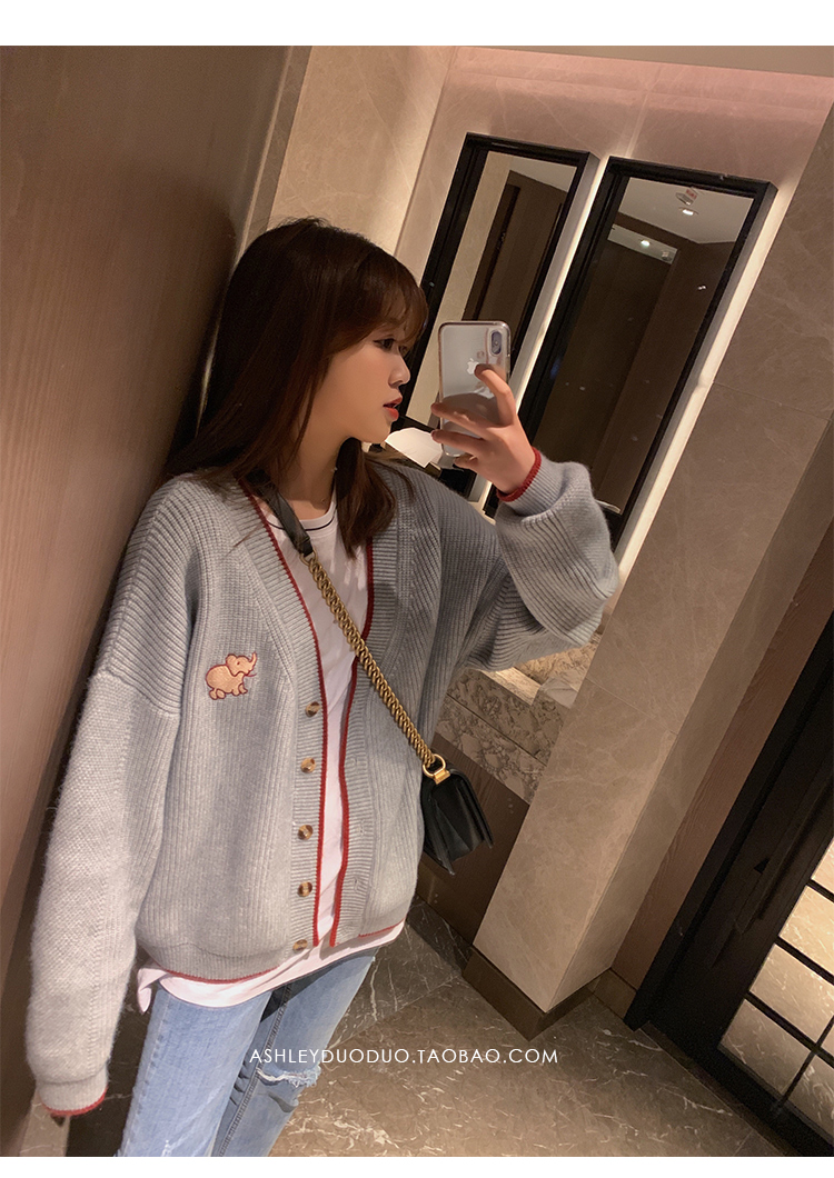  autumn new Korean V-neck college style lazy style knitted cardigan women's loose short sweater jacket fashion