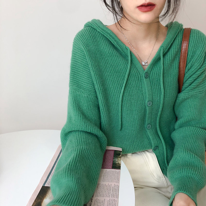 Hooded knitted cardigan women's autumn and winter Korean version loose solid color lazy wind with knitted sweater cardigan in autumn