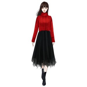 High neck twist Pullover loose lazy wind red sweater + black mesh Skirt Set
