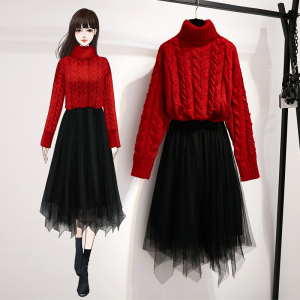 High neck twist Pullover loose lazy wind red sweater + black mesh Skirt Set