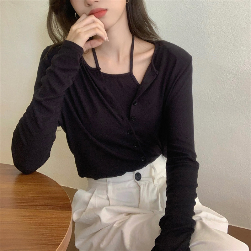 Real shooting and real price design sense of minority neck hanging vest suspender backing + Split thin long sleeve cardigan two-piece set