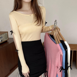 CX9674# 最便宜服装批发 新版韩风长袖T恤蝴蝶结镂空设计感性感针织上衣女