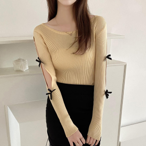 CX9674# 最便宜服装批发 新版韩风长袖T恤蝴蝶结镂空设计感性感针织上衣女