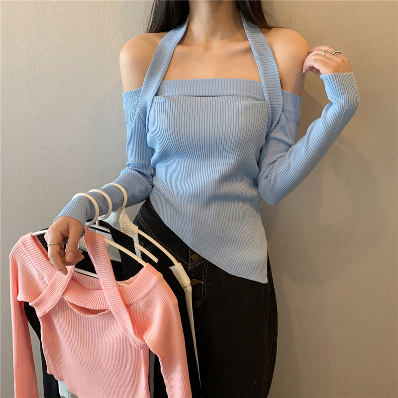 Real price, real price, careful machine, off shoulder sweater, blouse, women's autumn slim fit, hanging neck design, minority short sweater