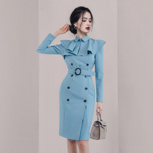 TR52615# 新款秋冬新款收腰显瘦双排扣风衣外套连衣裙 服装批发女装批发服饰货源