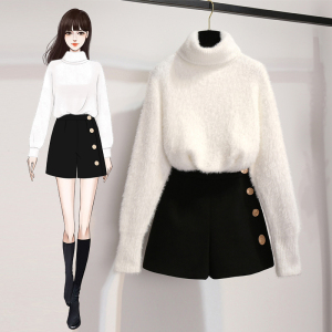 White Pullover Sweater + Black tweed shorts female