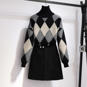 Loose knit turtleneck sweater + black skirt two piece set