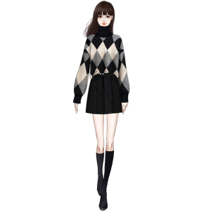 Loose knit turtleneck sweater + black skirt two piece set
