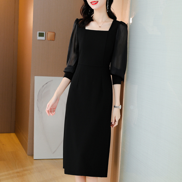 RM3672#新款法式连衣裙女长袖方领高端名媛轻奢黑色显瘦气质裙子