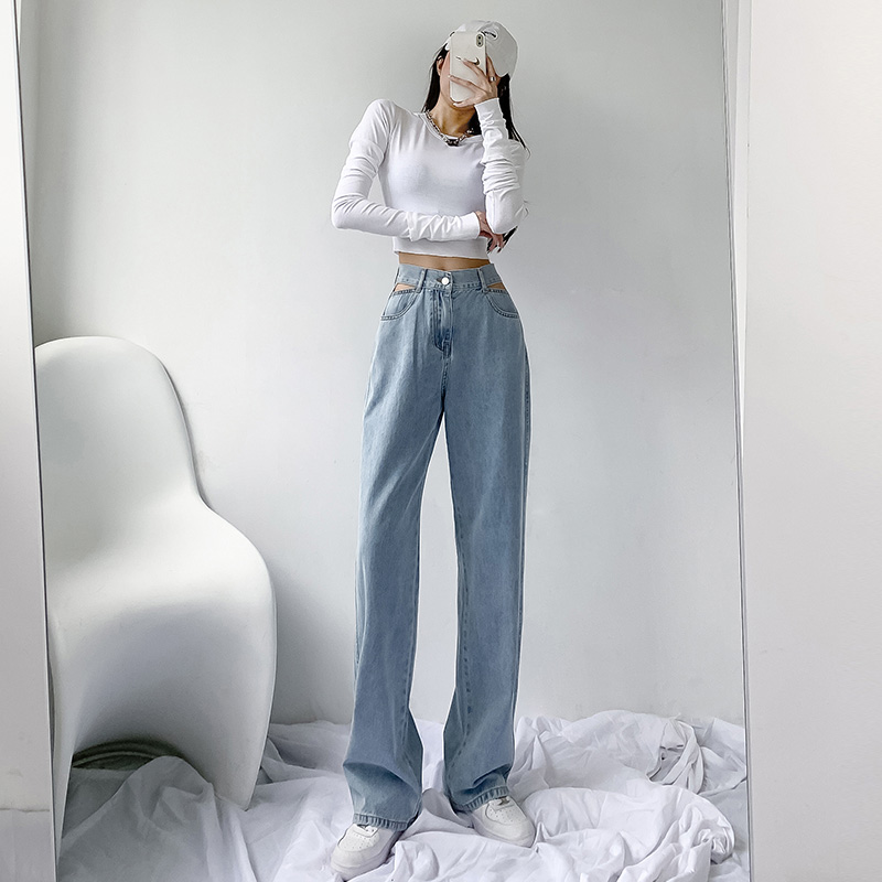 Real shooting jeans women's summer thin style early autumn new love straight tube loose high waist thin wide leg mops