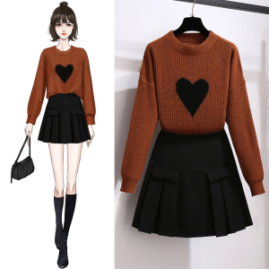 Love Korean sweater + black high skirt two piece set
