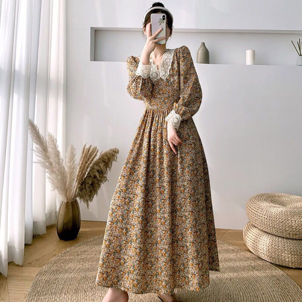 Lace stitching V-neck floral dress women's French waist closing long sleeve bottomed skirt