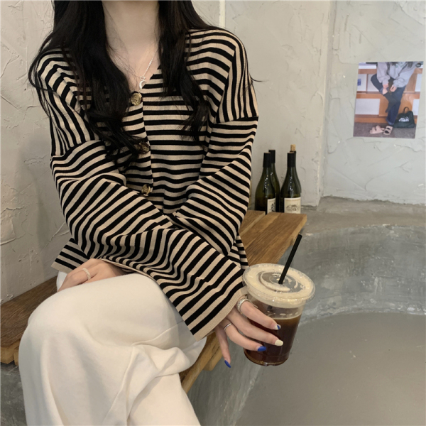 RM2494#韩版chic慵懒长袖针织衫V领宽松休闲条纹开衫