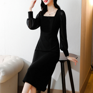 RM3672#新款法式连衣裙女长袖方领高端名媛轻奢黑色显瘦气质裙子
