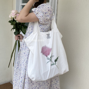KM18614#小众款白色帆布包女印花布袋日系简约大容量粉玫瑰单肩包