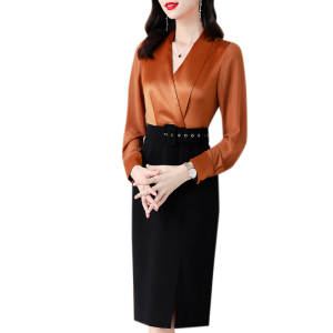 RM21400#新款假两件套长袖醋酸连衣裙轻熟气质复古修身职业包臀中长裙