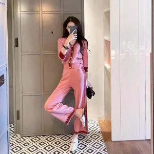Pink Knitted wide leg pants two piece spring and autumn suit