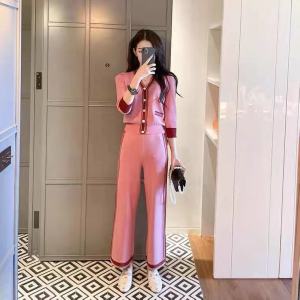Pink Knitted wide leg pants two piece spring and autumn suit