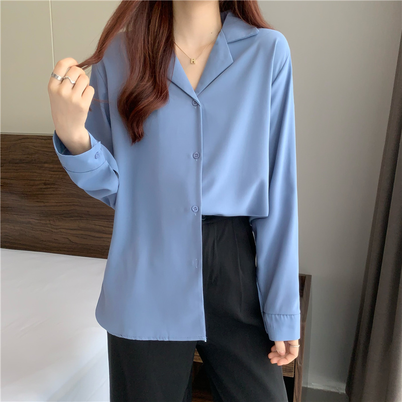 Korean version of V-neck slim suit collar all-match long-sleeved shirt top women