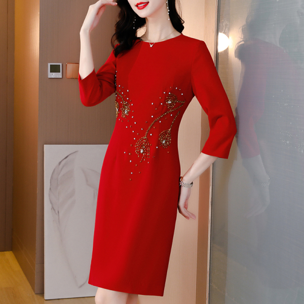 RM21402#新款钉珠连衣裙端庄优雅时尚修身包臀裙中长款打底裙