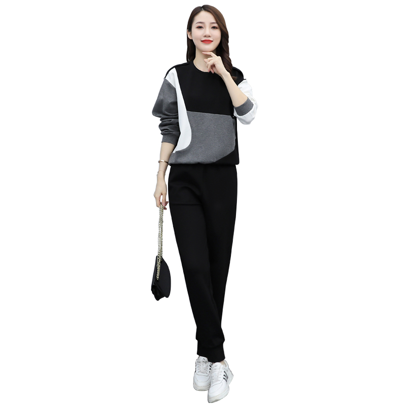 Temperament aging contrast color splicing casual sportswear set women's spring and autumn new fashion versatile two-piece set