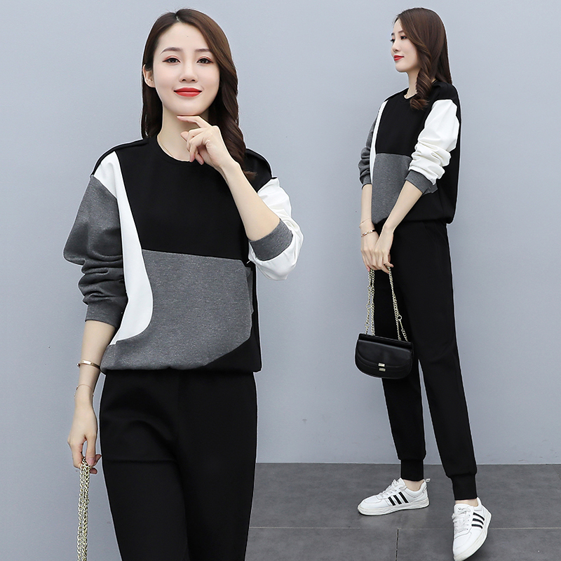 Temperament aging contrast color splicing casual sportswear set women's spring and autumn new fashion versatile two-piece set