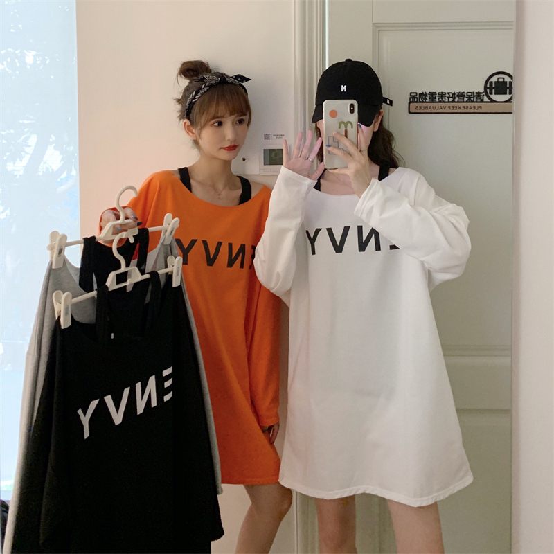 Real shot - Autumn college style loose printed letters overlay two-piece set medium length dress long sleeve T-shirt women