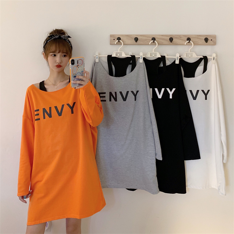 Real shot - Autumn college style loose printed letters overlay two-piece set medium length dress long sleeve T-shirt women