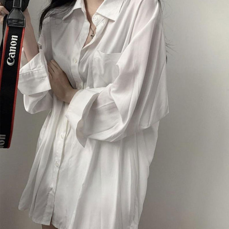 Spring long sleeve shirt women's versatile Korean version loose medium and long design sense niche top fashion