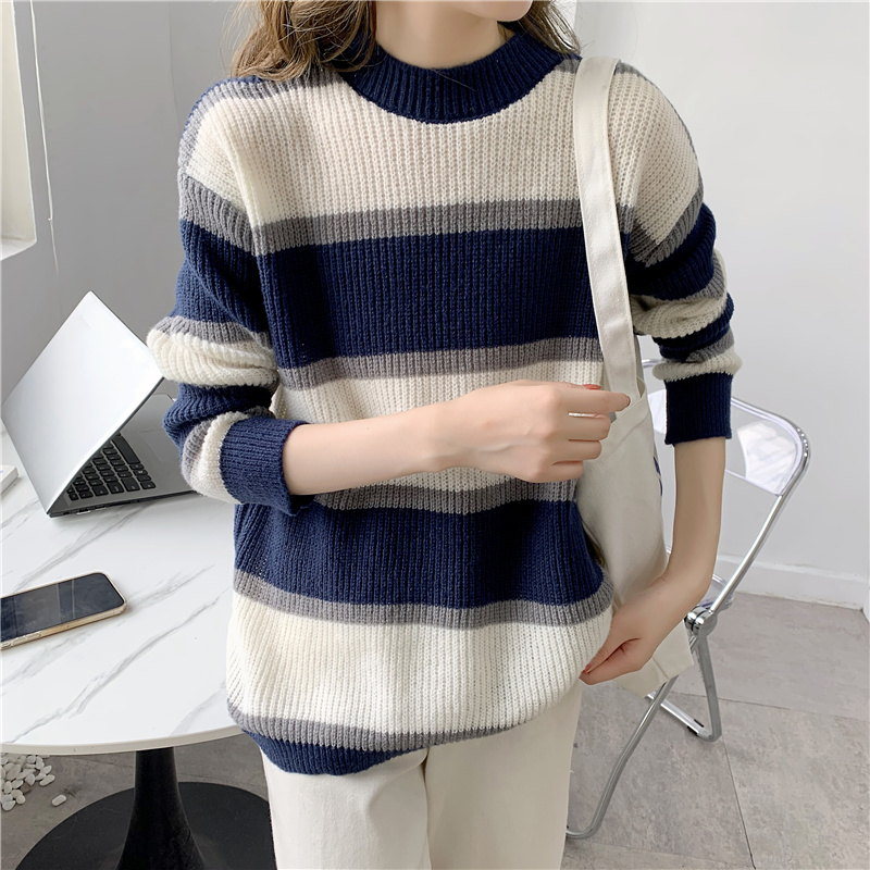 Sweater women's autumn and winter  new net red lazy wind color matching Striped Sweater Top