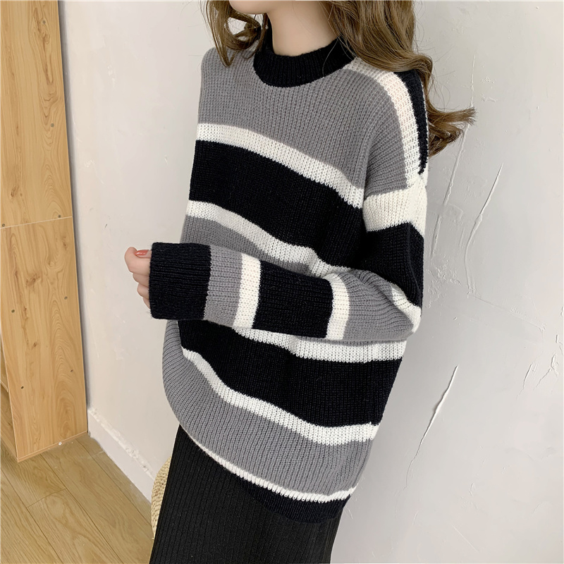 Sweater women's autumn and winter  new net red lazy wind color matching Striped Sweater Top