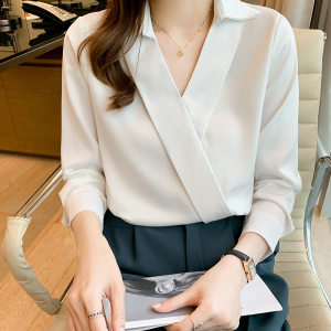 KM20093#新韩版V领宽松白衬衫女长袖雪纺衫设计感小众OL气质衬衣