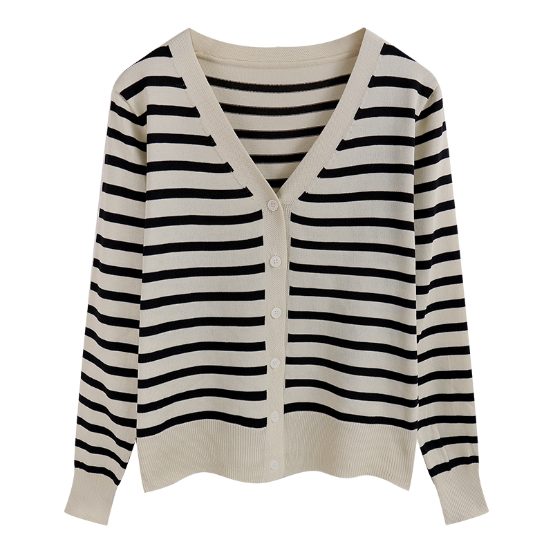 Early autumn 2021 new women's tops knitwear loose V-neck with lazy striped long-sleeved cardigan jacket