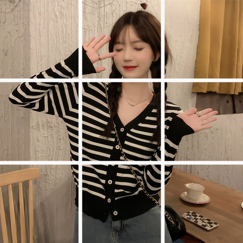 Early autumn 2021 new women's tops knitwear loose V-neck with lazy striped long-sleeved cardigan jacket