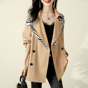 RM24145#新款时尚轻奢英伦风设计感撞色拼接双排扣风衣女式外套