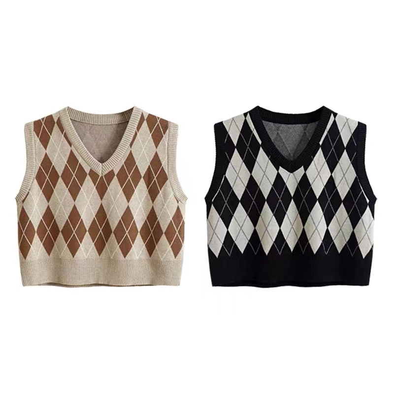 2022 New Vintage overlapped knitted vest, waistcoat V-neck Lingge vest, women's outside, spring and Autumn