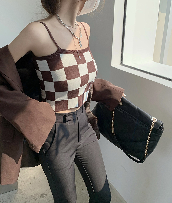 Real price chessboard lattice knitted suspender lattice slim short blouse women