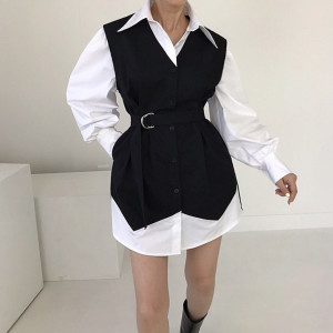PS51851# 韩国chic法式撞色系带收腰显瘦衬衣连衣裙 服装批发女装直播货源