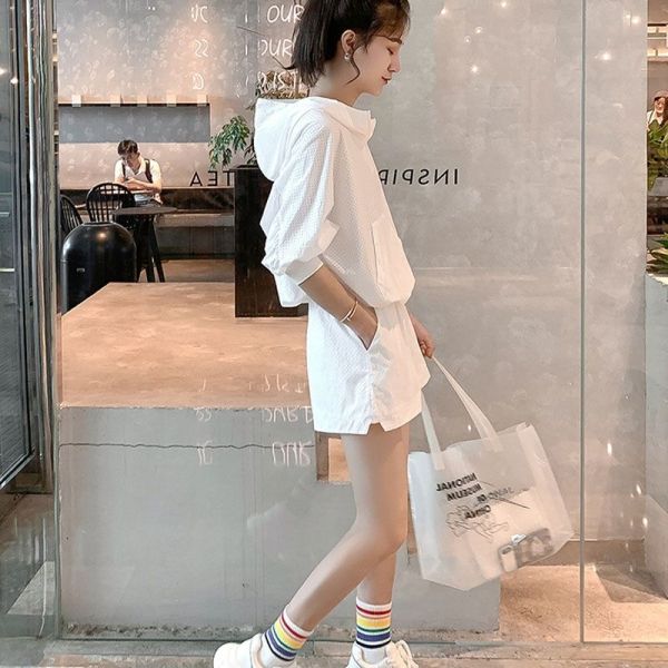 KM23327#白色套装女2022年新款夏季休闲时尚小个子网红运动风短裤两...