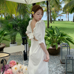 RS49316#沙滩裙海边度假三亚旅游衣服女超仙显瘦长裙泡泡袖方领白色连衣裙