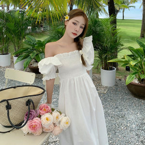 RS49316#沙滩裙海边度假三亚旅游衣服女超仙显瘦长裙泡泡袖方领白色连衣裙
