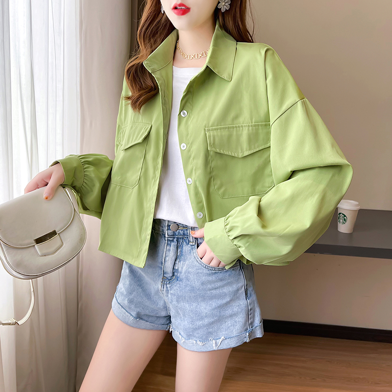 Real shot 100% polyester fiber 2024 spring and autumn new solid color short POLO collar shirt long sleeves for women