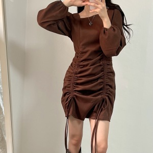 PS51849# 韩国chic设计感方领褶皱抽绳连衣裙 服装批发女装直播货源