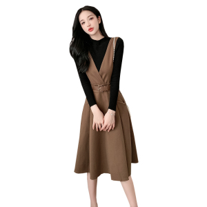 PS64366# 冬新款韩版修身长袖针织衫女洋气减龄背带连衣裙两件套 服装批发女装服饰货源