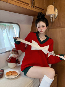 KM29567#圣诞毛衣女甜酷可爱蝴蝶结polo领红色针织衫上衣