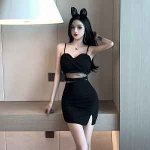 Hollow out mesh stitching tight suspender Hip Wrap bottomed dress