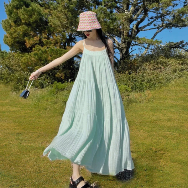 RS49320#旅游衣服超仙沙滩裙三亚海边度假拍照薄荷绿连衣裙显瘦吊带长裙...