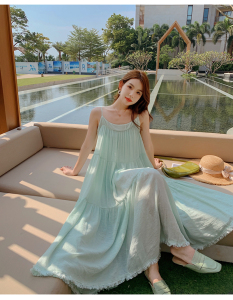 RS49320#旅游衣服超仙沙滩裙三亚海边度假拍照薄荷绿连衣裙显瘦吊带长裙夏